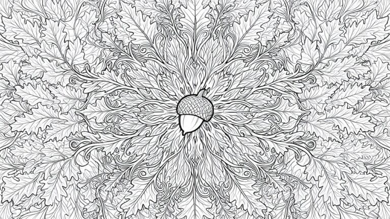 20 Intricate Fall Mandala Coloring Pages for Adults Seeking Mindful Relaxation Intricate black-and-white mandala with central acorn amid symmetrical oak leaves.