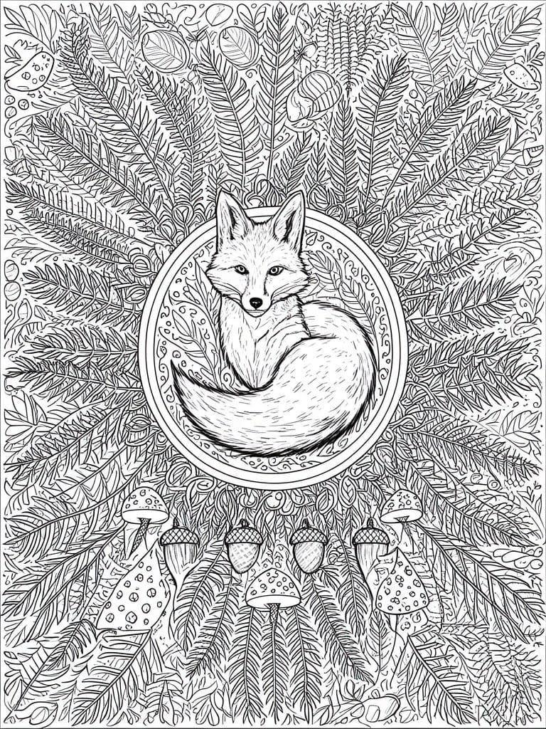 Intricate line art of curled fox in circle amid ferns, mushrooms and acorns