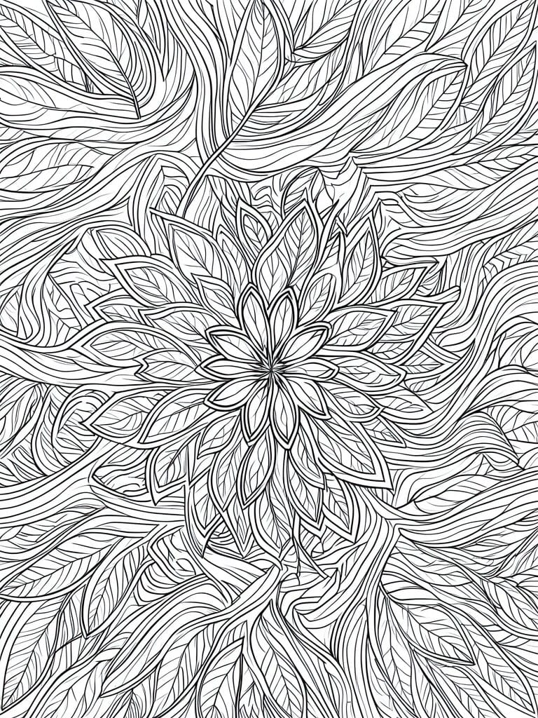 Intricate black-and-white mandala with central flower surrounded by layered leaves and petals.