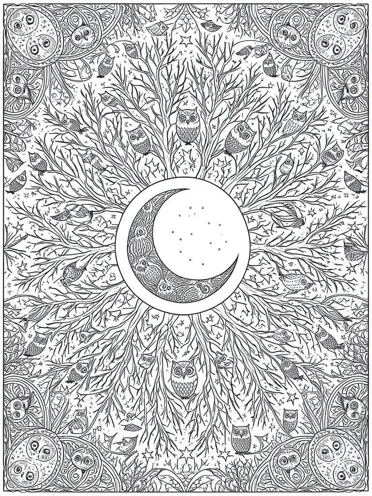 A black and white mandala coloring page with owls on tree branches surrounding a crescent moon filled with smaller owls and stars.