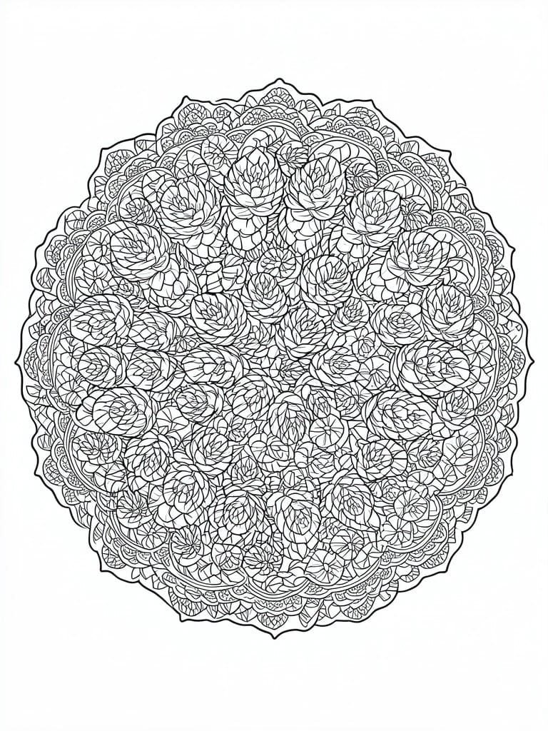 A black and white mandala coloring page filled with intricate floral and succulent patterns in a circular arrangement.