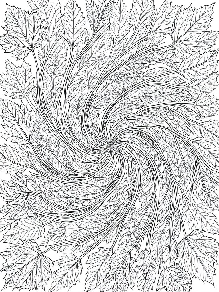 Black and white line art of leaves swirling in a spiral vortex
