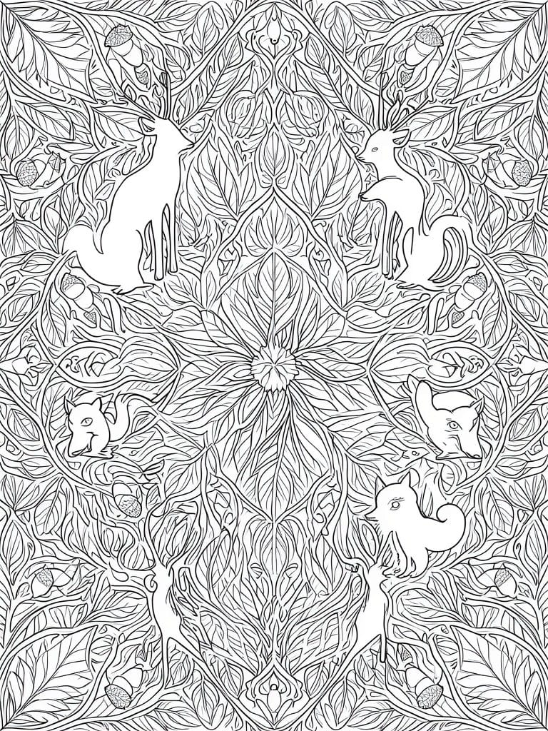 Intricate black-and-white line art of deer, foxes, squirrels amid leafy branches and acorns.