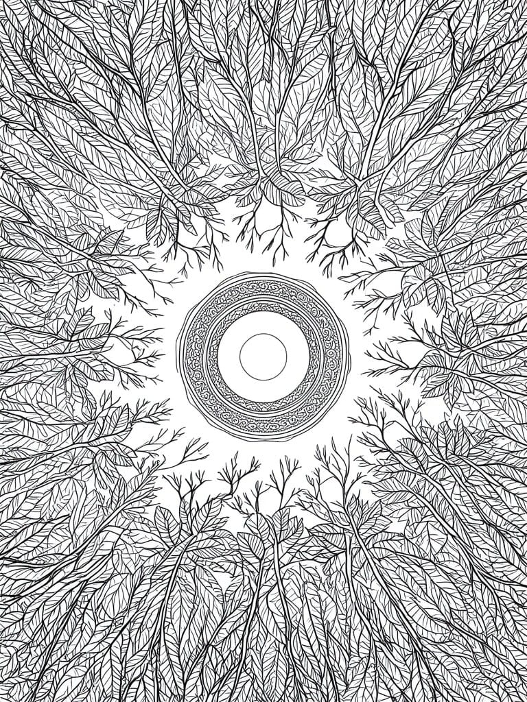 Intricate black-and-white line art of branches surrounding an ornate central circle.