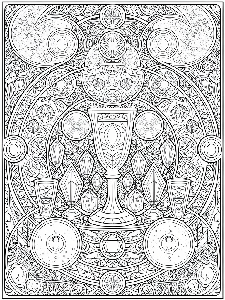 A black and white line art coloring page showing a central chalice surrounded by crystals and circular symbols.