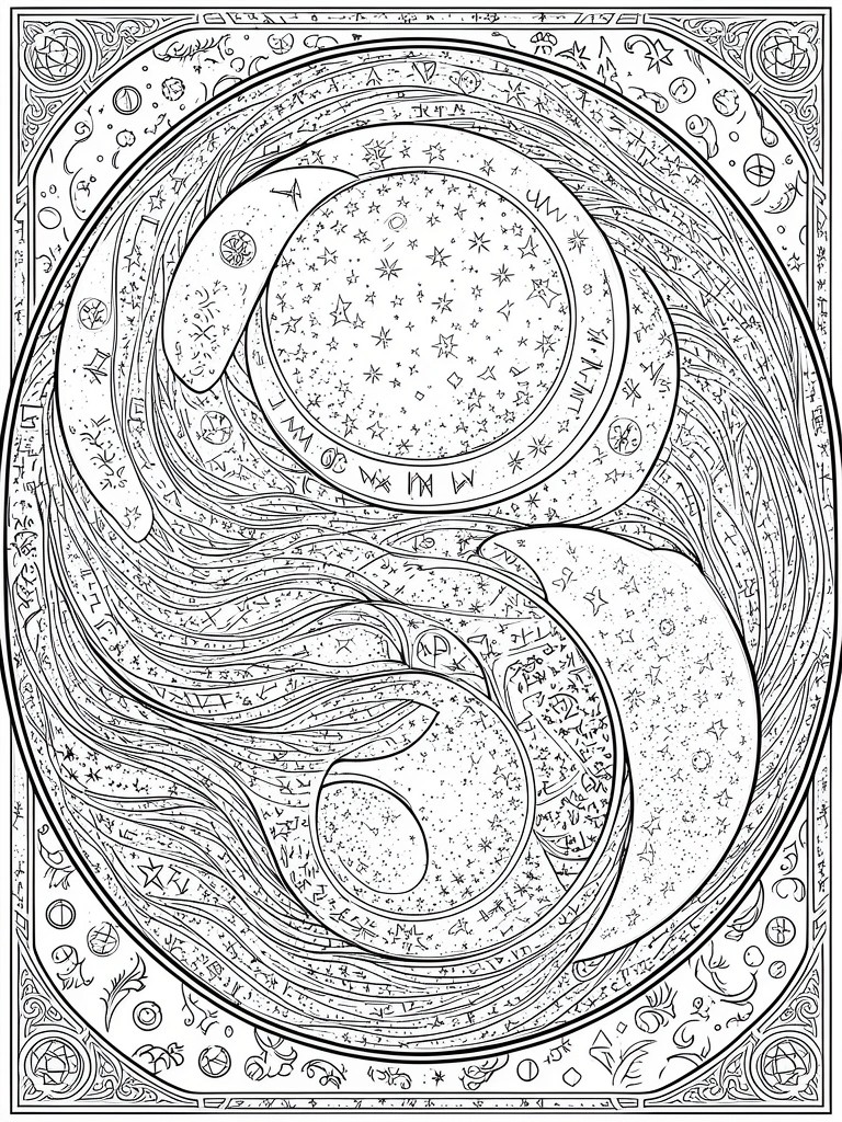 A black and white line drawing of a swirling yin yang shape filled with stars, moons, runes, and celestial patterns inside a decorative circular border.