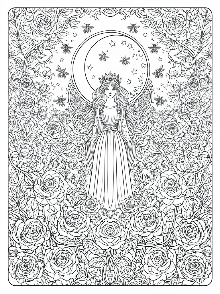 Coloring book illustration of crowned woman amid roses, bees, and starry moon.