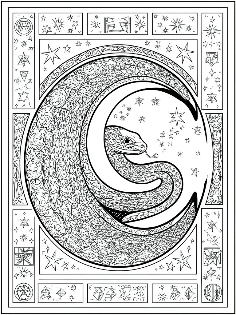 A black and white coloring page shows a detailed snake coiled into a large crescent moon shape surrounded by stars, with decorative borders containing pentagrams and other geometric symbols.