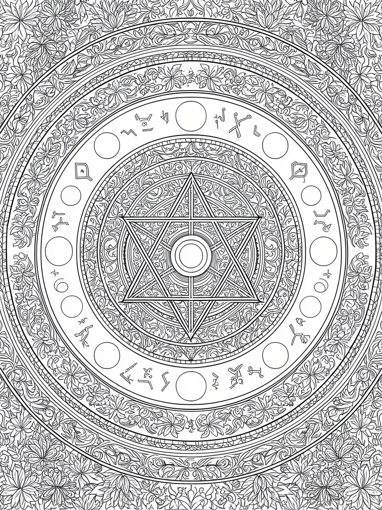 A black and white circular mandala coloring page with a central hexagram, scattered symbols in rings, and a floral outer border.
