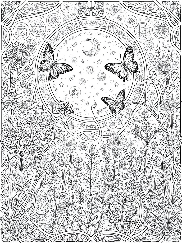 A black and white line art coloring page with a central moon and stars circle, butterflies, a snake, flowers, and occult symbols in circular borders.