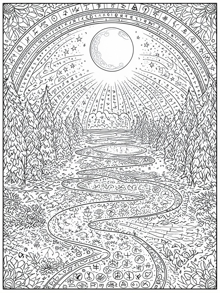 Winding forest path under full moon with starry skies and rune borders.
