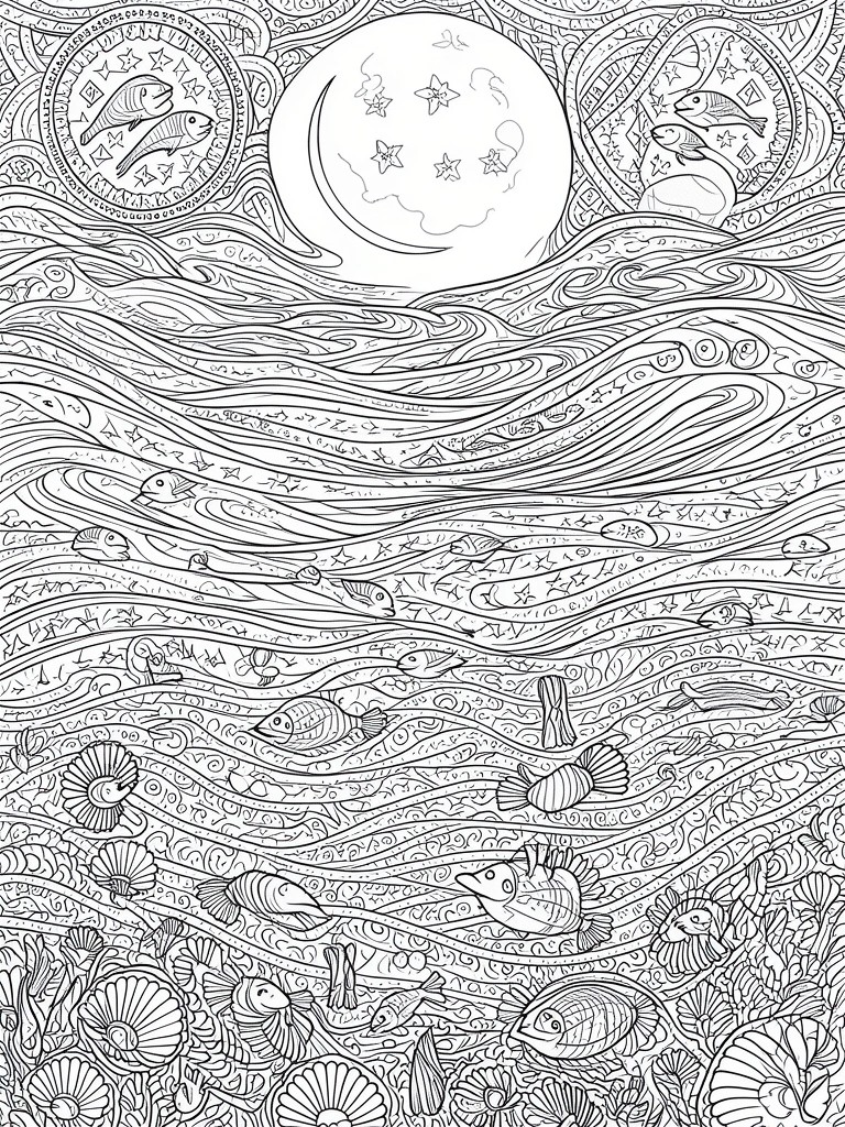 Detailed black-and-white line art of starry moon over wavy ocean with fish and shells