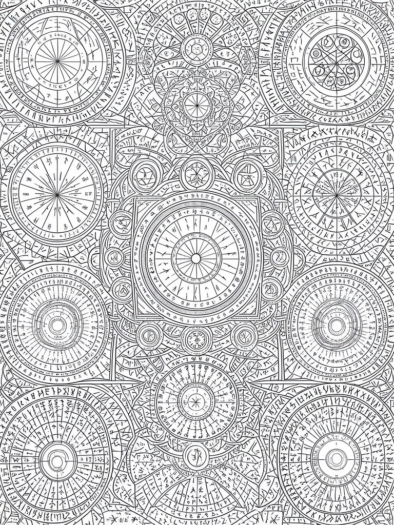 Black and white line art of multiple overlapping circles covered in runes, symbols, and segmented patterns.
