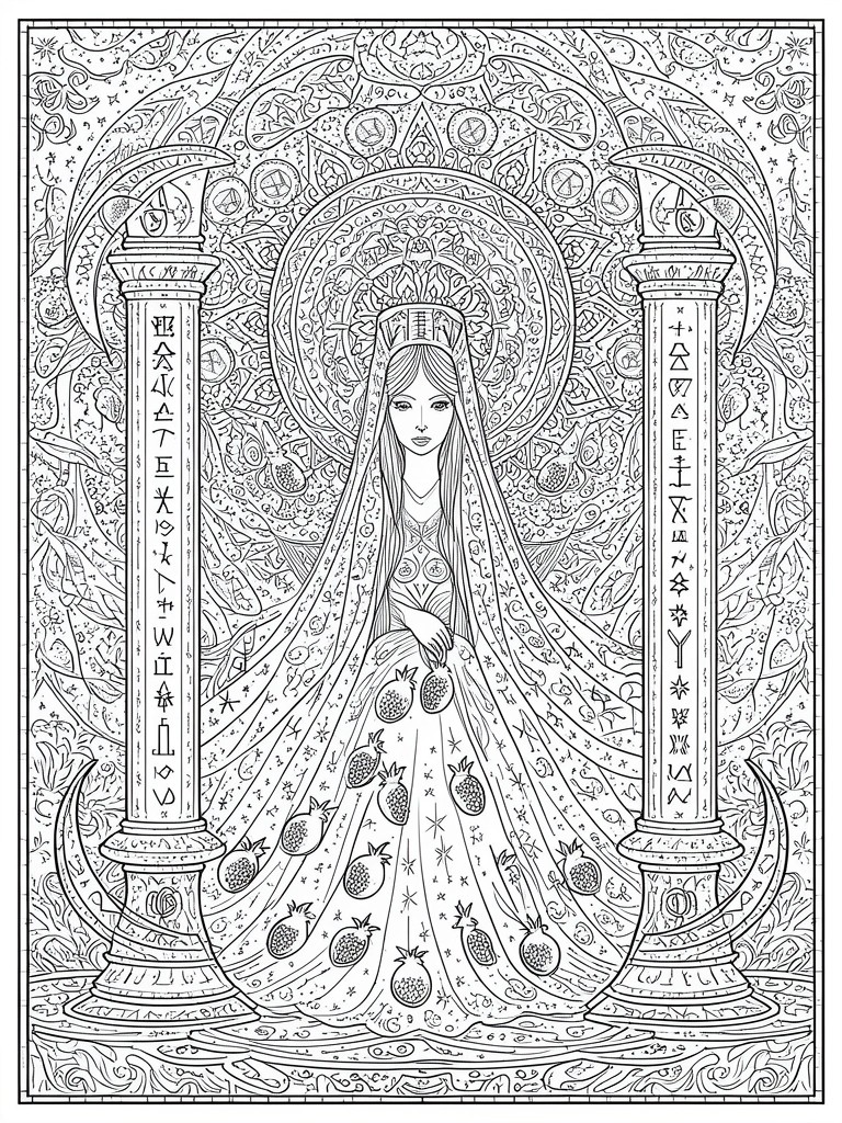 Veiled woman in pomegranate gown seated between two rune-inscribed pillars with mandala backdrop