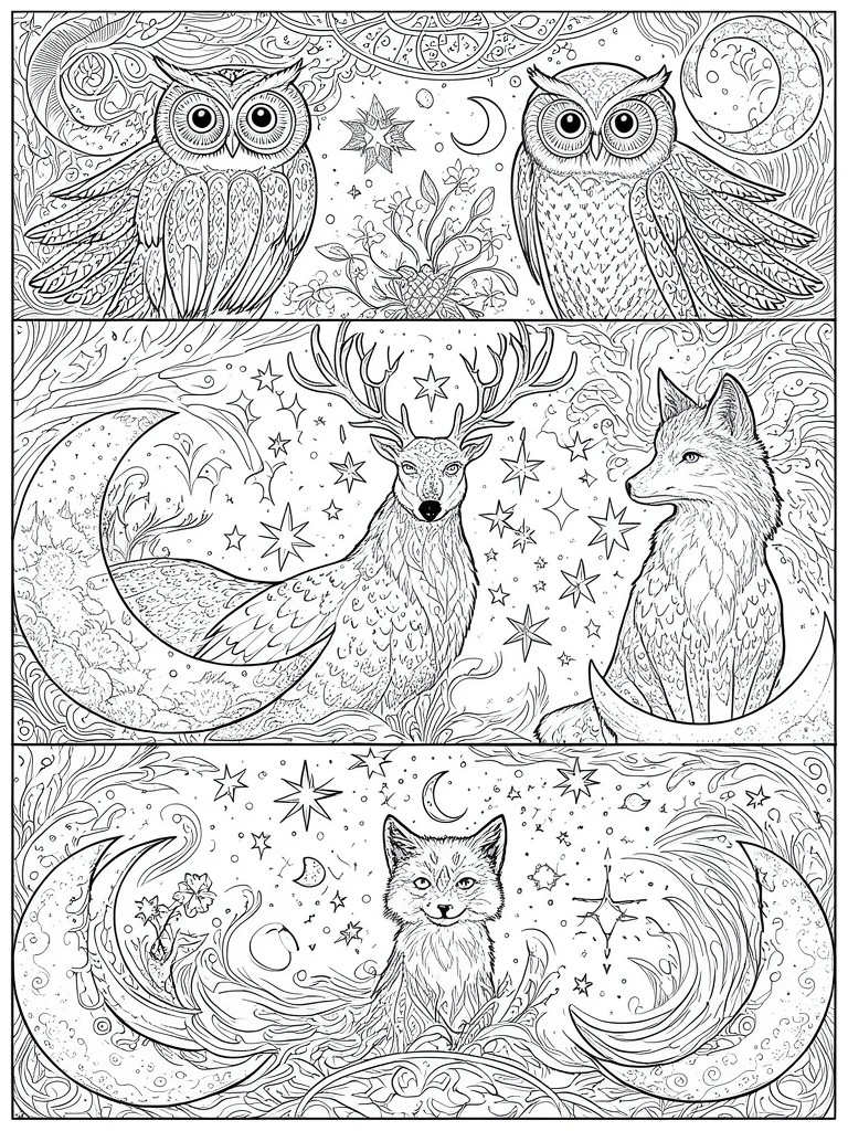 Coloring page with owls, deer, and foxes amid crescent moons, stars, and swirls.