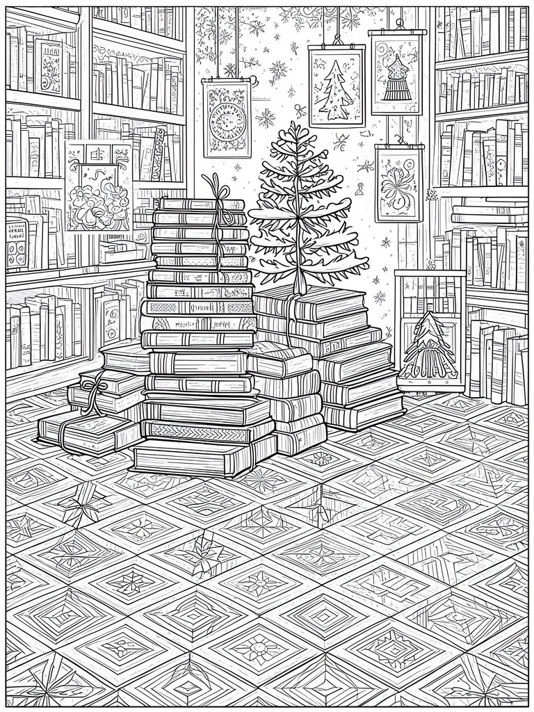Holiday library with stacked books, Christmas tree, snowflakes, and patterned floor