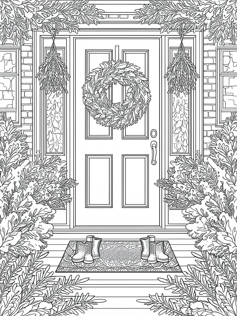 A black and white line drawing of a front door with a wreath, hanging garlands, boots on a patterned mat, and dense foliage borders.