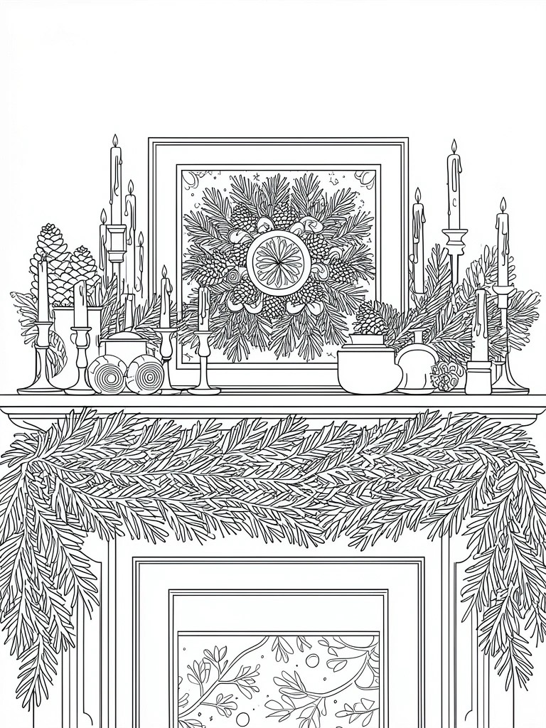 Coloring page of a decorated Christmas fireplace mantel with candles in holders, pine garlands, a framed wreath, and bowls on the mantel shelf.