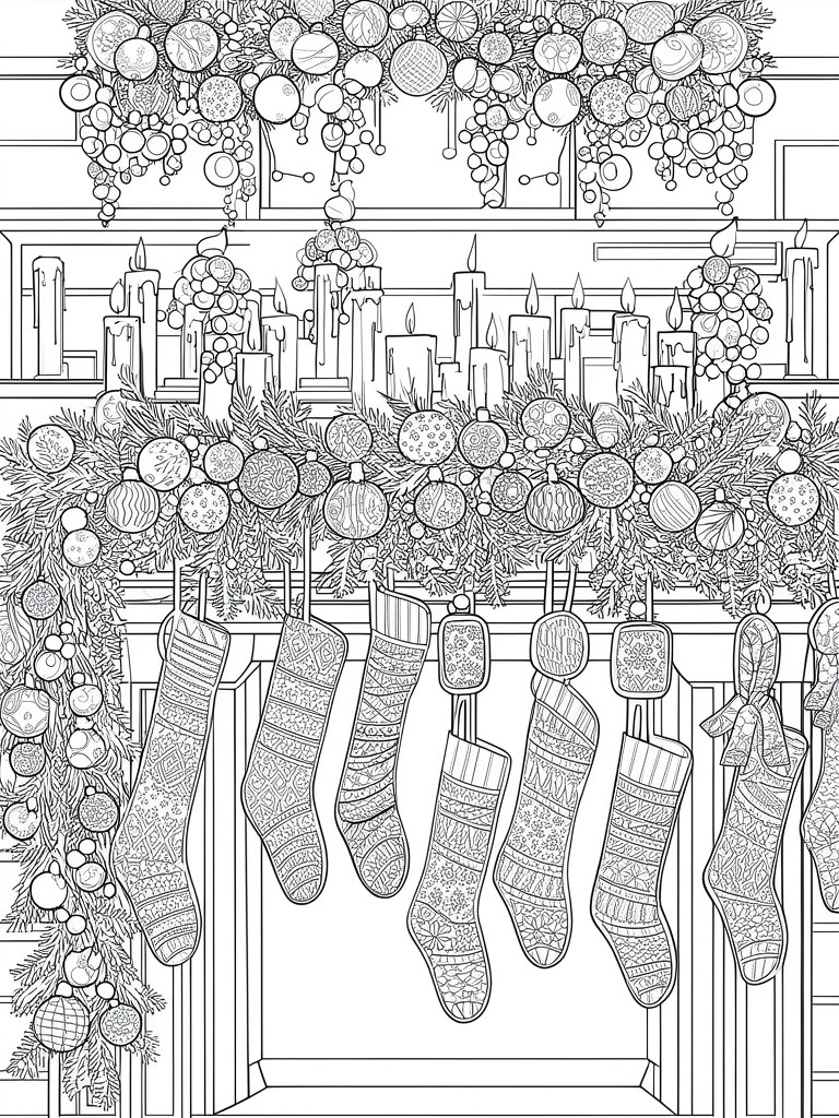 Intricate black-and-white line art of a decorated Christmas fireplace mantel with stockings and candles.