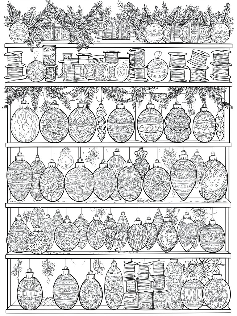 Intricate coloring page of patterned Christmas ornaments, spools, and pine branches on shelves