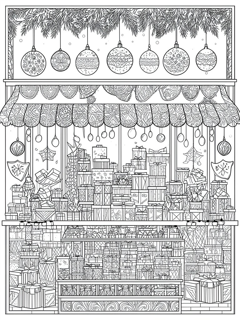Coloring page of Christmas shop display packed with wrapped gifts and ornaments.