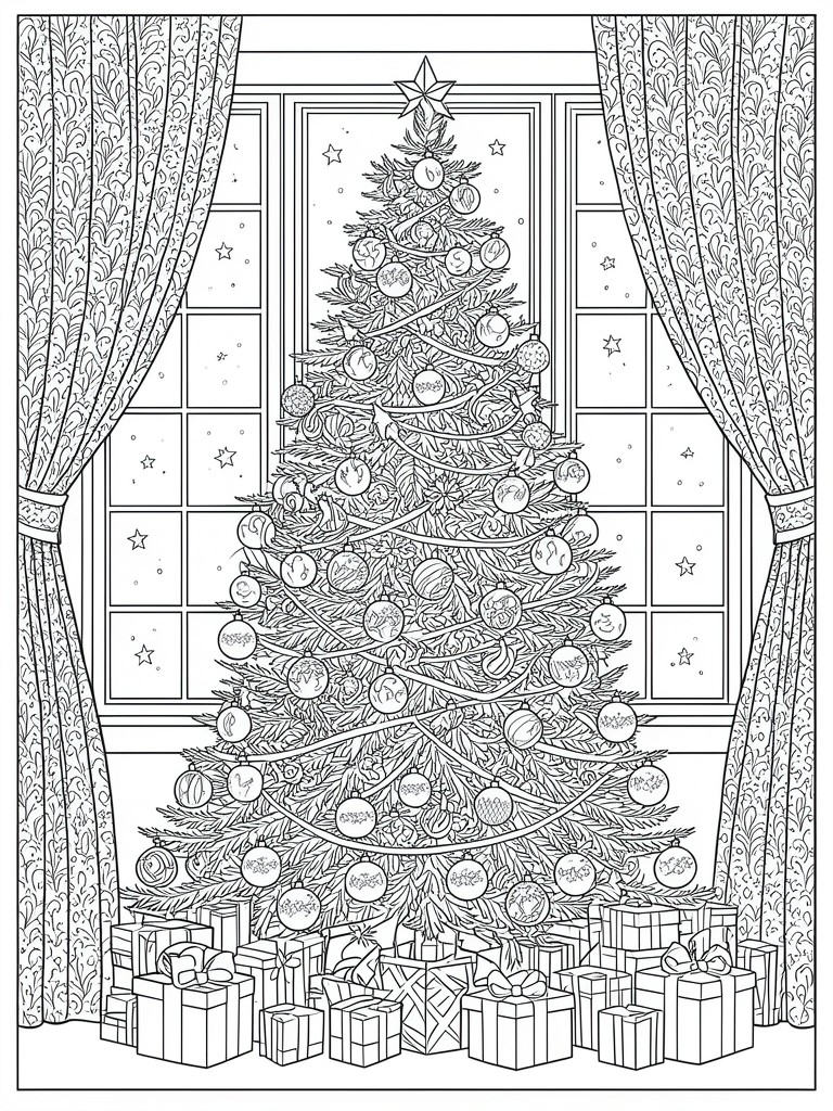A black and white line drawing of a tall Christmas tree covered in round ornaments and garland, standing before a window with patterned curtains and a pile of wrapped gifts at the base.