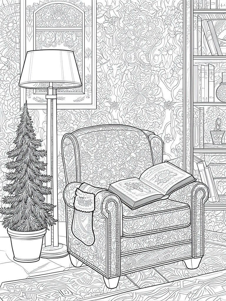 Detailed line drawing of armchair with open book, Christmas tree, lamp, and bookshelf.