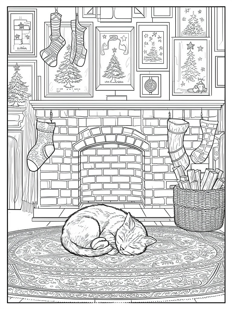 Sleeping cat on ornate rug before brick fireplace with stockings and framed art