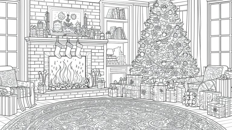 A black and white line drawing of a Christmas room showing a fireplace with stockings, a decorated tree, wrapped gifts, and a patterned rug.