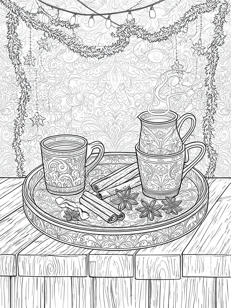A coloring page shows a tray with a mug, pitcher, cinnamon sticks, and star anise on a wooden table, with Christmas garlands and string lights in the background.