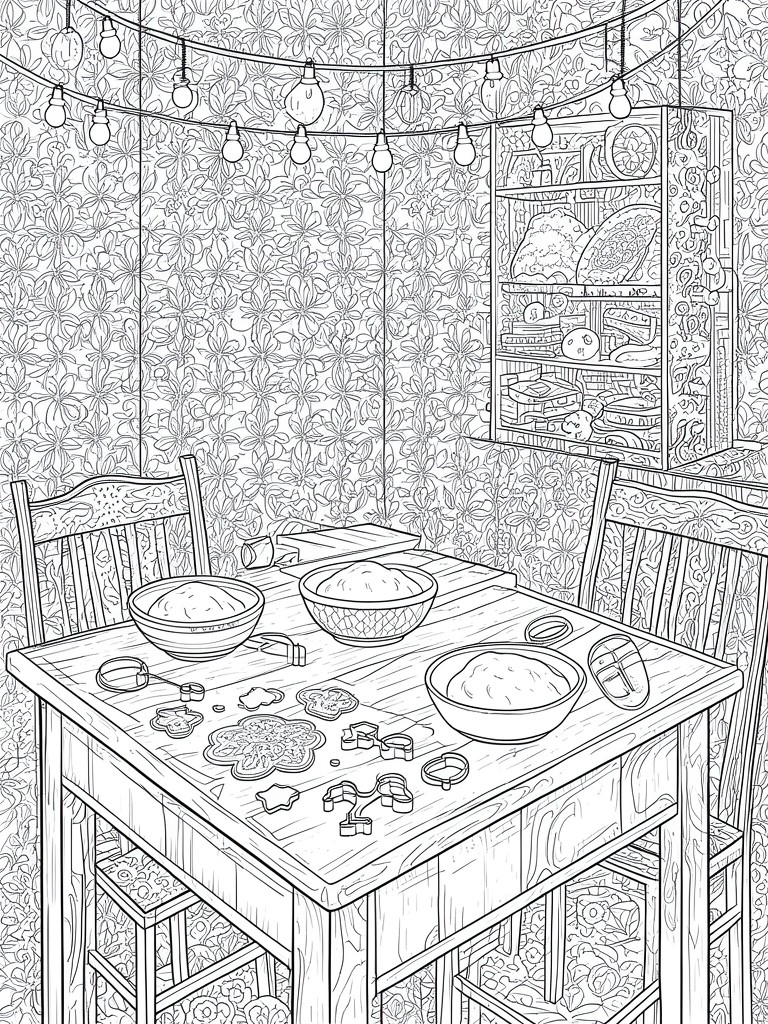 Line drawing of wooden baking table with dough bowls, cookie cutters, chairs, and floral wallpaper.
