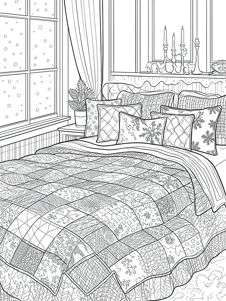 Cozy bedroom scene with snowflake quilt, patterned pillows, and window view