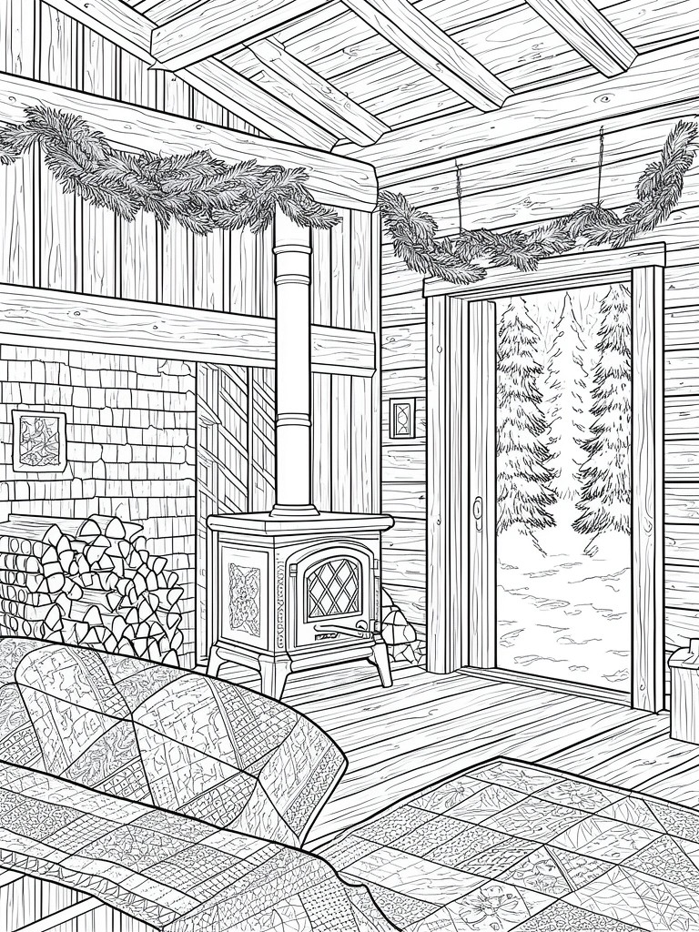 Cozy log cabin interior with wood stove, open door to snowy forest, and garlands