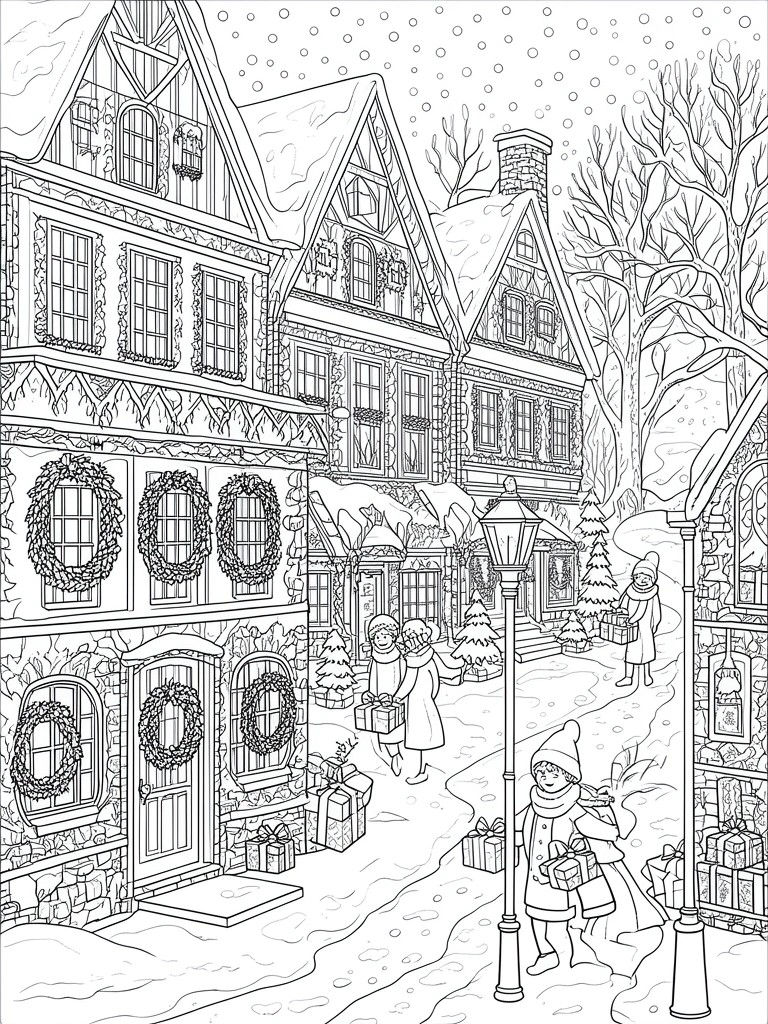 A black and white coloring page of a snowy Christmas village with decorated Tudor houses, people holding gifts, and falling snow.