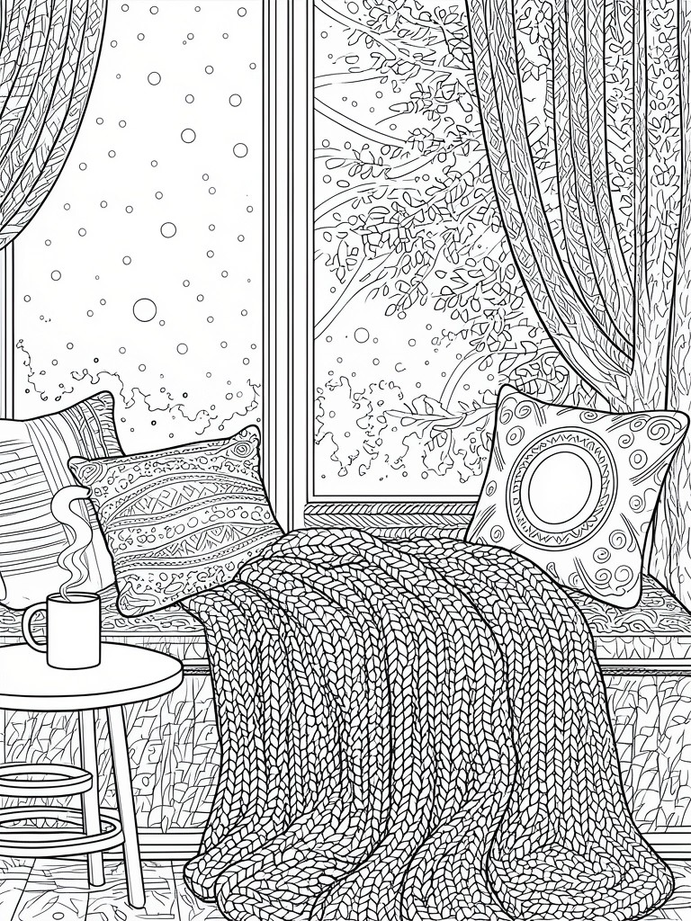 A black and white coloring page shows a window seat with patterned pillows, a knitted blanket, a mug on a table, and snow falling outside.