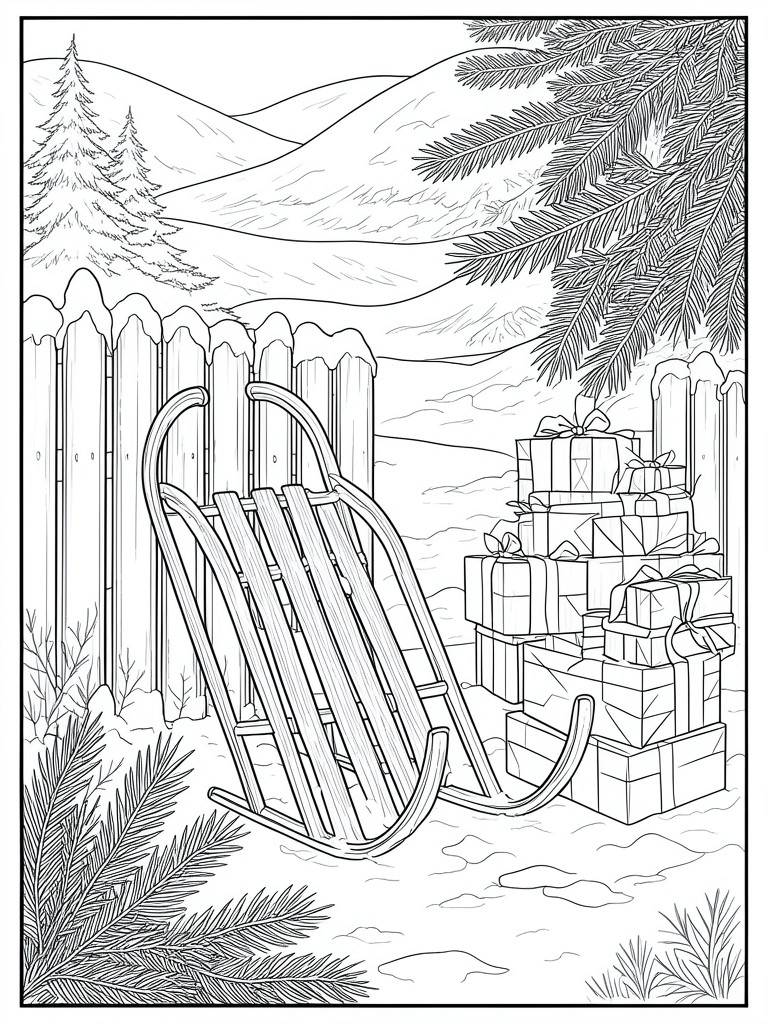 Line drawing of sled and stacked gifts in snowy scene with fence and trees