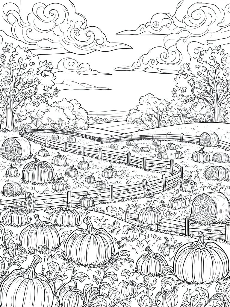 Black-and-white coloring page of pumpkin patch with hay bales, fences, and trees.