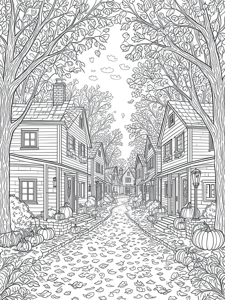 Black and white line drawing of a fall street lined with houses, trees, pumpkins, and fallen leaves.