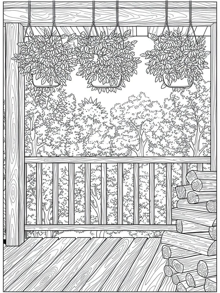 Line art of wooden porch with hanging plants, forest view, and stacked logs.