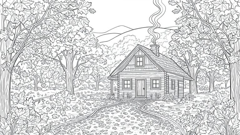 21 Cozy Fall Coloring Pages for Adults Featuring Peaceful Autumn Scenes A black and white line drawing of a log cabin in a forest with trees, a path covered in leaves, and hills in the background.