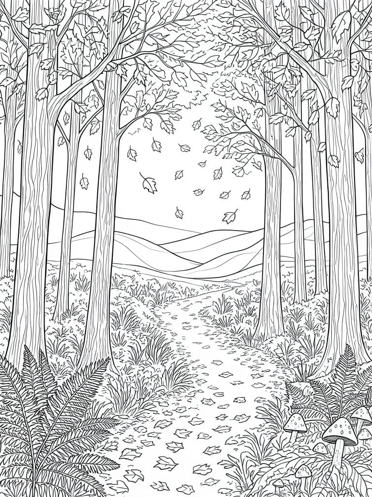 A black and white line drawing of a forest path lined with tall trees, scattered leaves, ferns, mushrooms, and hills in the background.