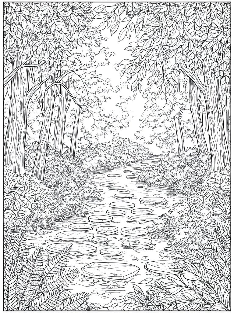 Black and white line drawing of stepping stones across a forest stream amid trees