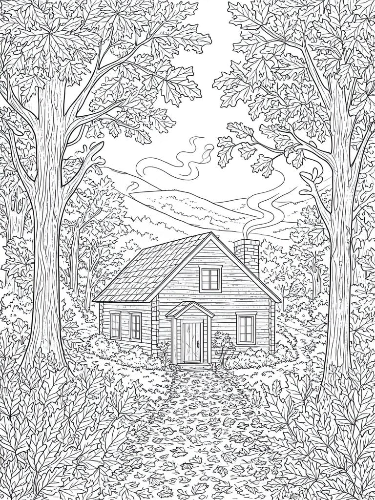 A black and white line drawing of a log cabin in a forest with trees, a path covered in leaves, and hills in the background.