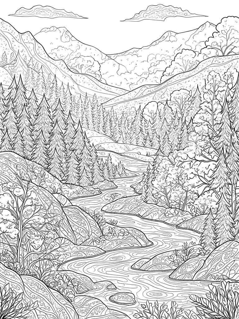A black and white line drawing of a mountain landscape with a winding river, pine trees, and rocky terrain.