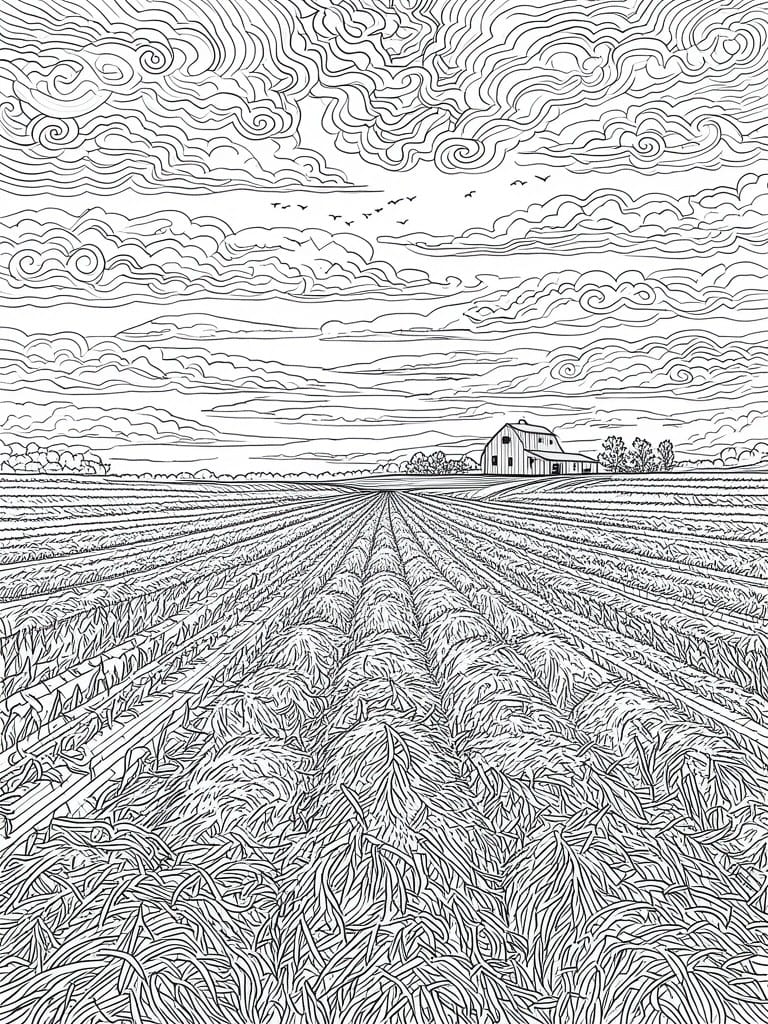 Black and white line drawing of crop rows leading to a barn under swirling clouds