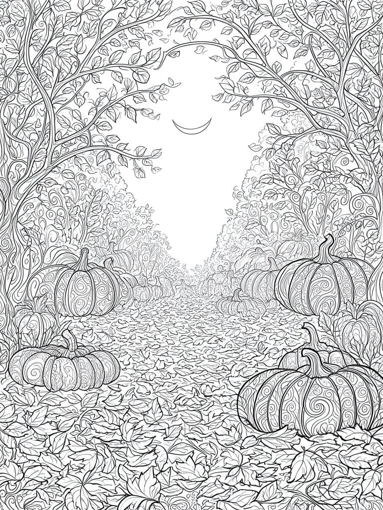 Black-and-white drawing of pumpkins along a leaf-covered path under a crescent moon.