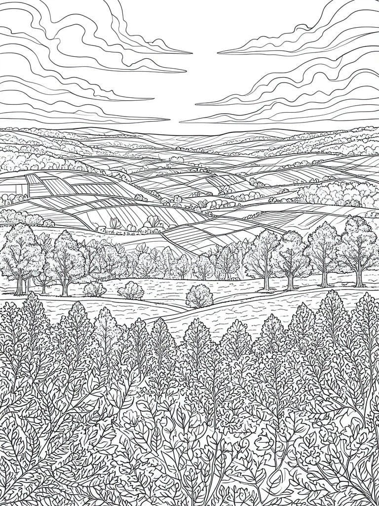 Black and white line drawing of rolling hills, trees, fields, and clouds.