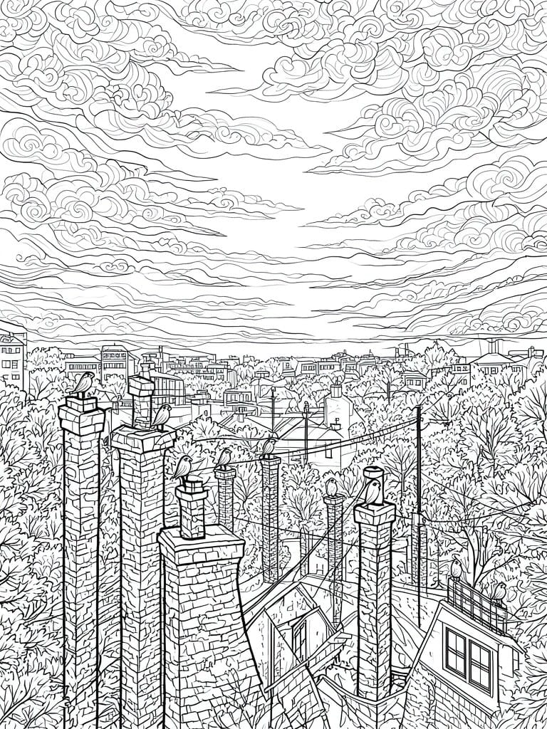 Detailed line art of birds on brick chimneys above city rooftops, trees, and cloudy skies