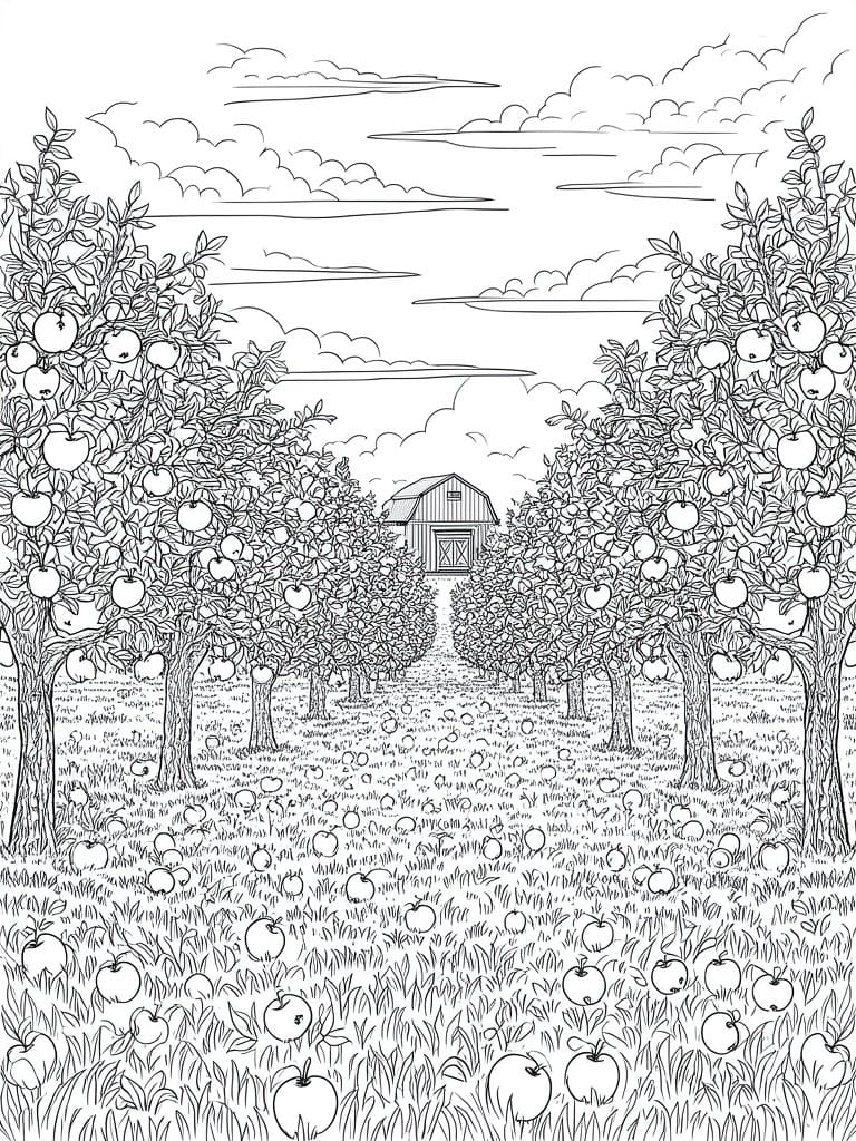 Black-and-white line drawing of apple orchard rows with trees, path, and barn.