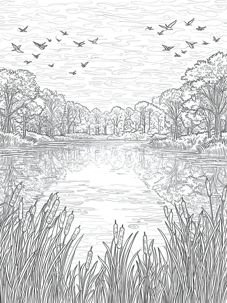 A black and white line drawing of a pond with reeds in the foreground, trees along the banks, and birds flying in the sky.